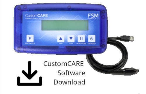 Blue CustomCARE device with display and attached cable; caption reads 'CustomCARE Software Download' beside a download icon, indicating a software download.